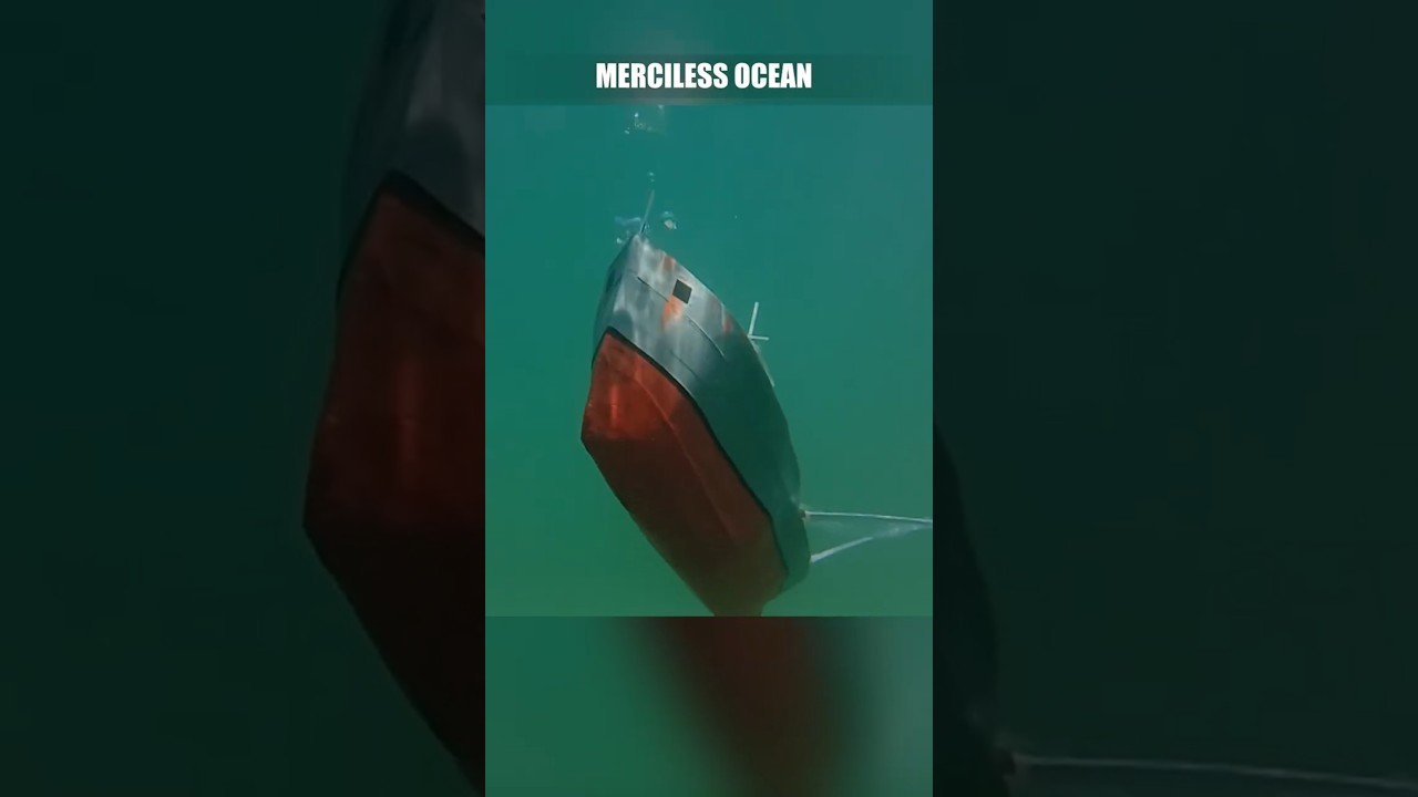 Cardboard ship sinking, model fishing boat sinking in rough sea, underwater footage of shipwreck