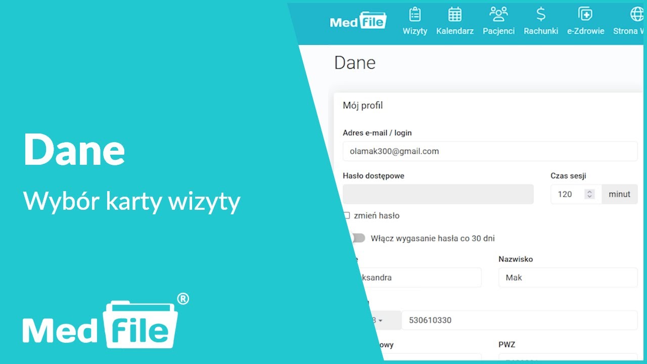 Dane, wybór karty wizyty