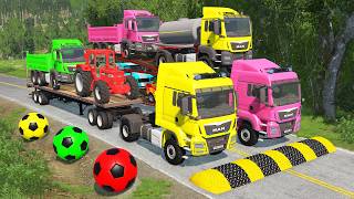 TRANSPORTING PIXAR CARS & FRUITS WITH COLORED & JOHN DEERE vs CLAAS vs TRACTORS - BeamNG.drive #983