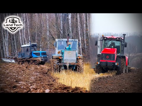 K-530, T-150K, and Agromash 90TG tractors plow a field into the mud. A new Kirovets replaces a Jo...