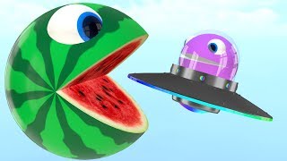 Watermelon Pacman fun play on farm as he meet a ufo in surprise toys then roll a magic slide