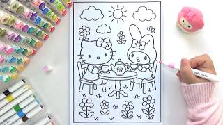 Coloring Hello Kitty & My Melody Tea Party ☕️✨ | Aesthetic Art