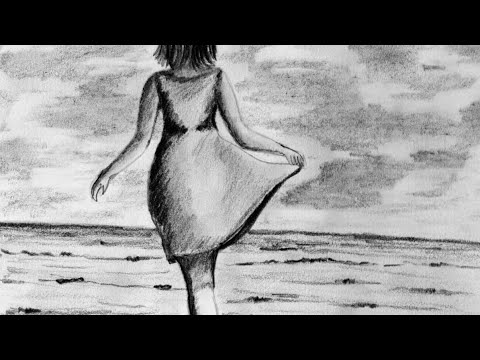 Step by step Drawing of a lonely girl walking on a beach | How to draw a  beach by pencil sketch