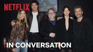Margot Robbie with Guillermo del Toro, Jacob Elordi and Oscar Isaac on Frankenstein