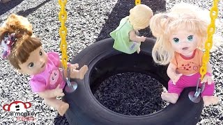 Baby Alive Playpark Fun! Twisty Slide, Swings, Trampoline, Picnic, Wagon Ride and Diaper Change!