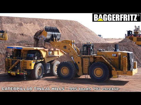 Caterpillar Tinaja Hills proving grounds - 995 wheel loader loads 793 electric truck