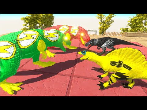 RED & GREEN FLASH T-REX vs 2X BUMBLEBEE SPINO vs SPIDERMAN T-REX - Animal Revolt Battle Simulator