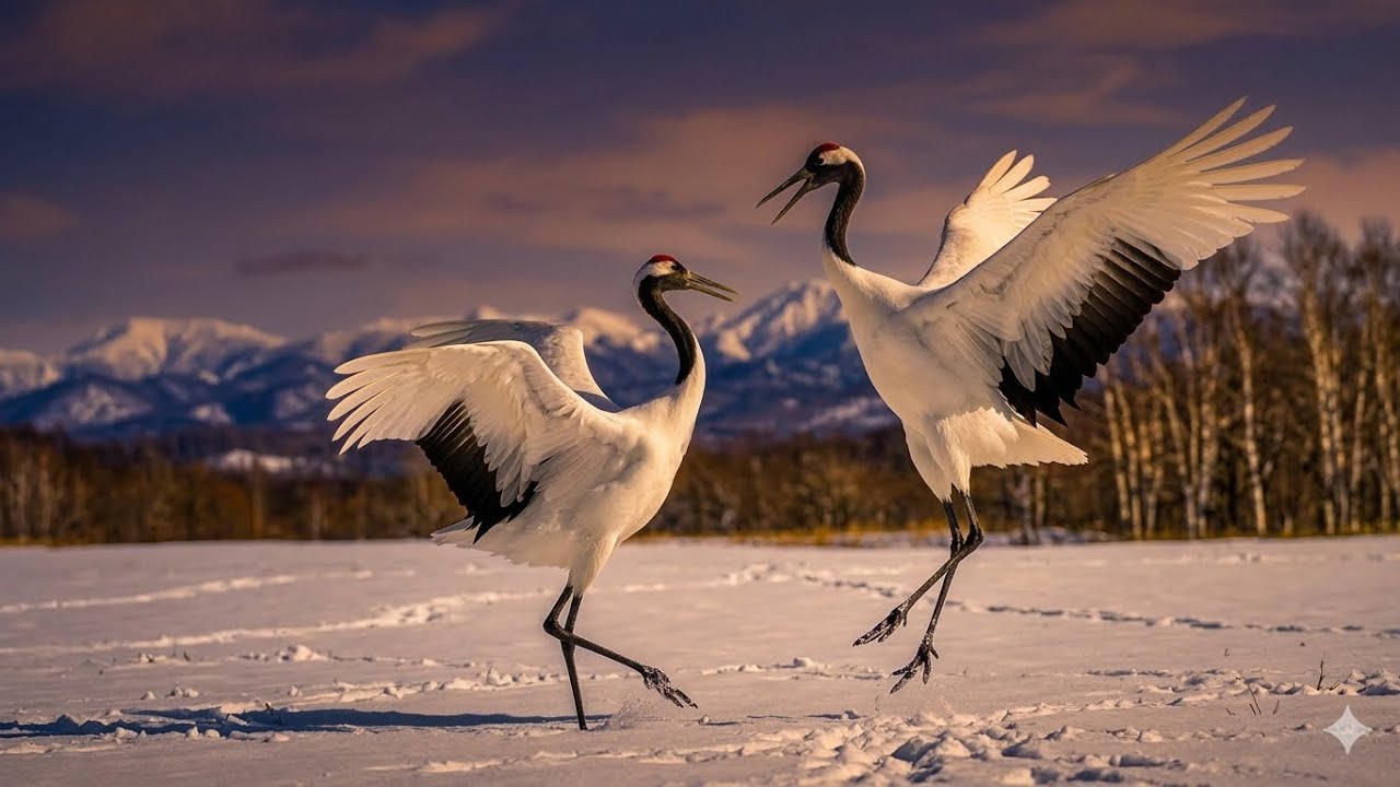 A Magical Winter Dance: Two Red-Crowned Cranes in the Snow.