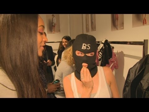 Cara Delevingne wears balaclava during Burberry interview: Cara and Jourdan Dunn at LFW