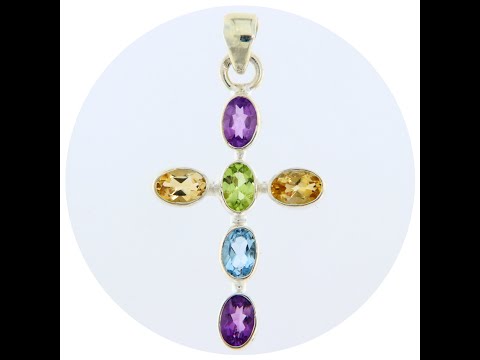 Pandantiv Argint 925 Cruce Ametist Citrin Peridot Topaz Naturale - Eleganta Multicolora