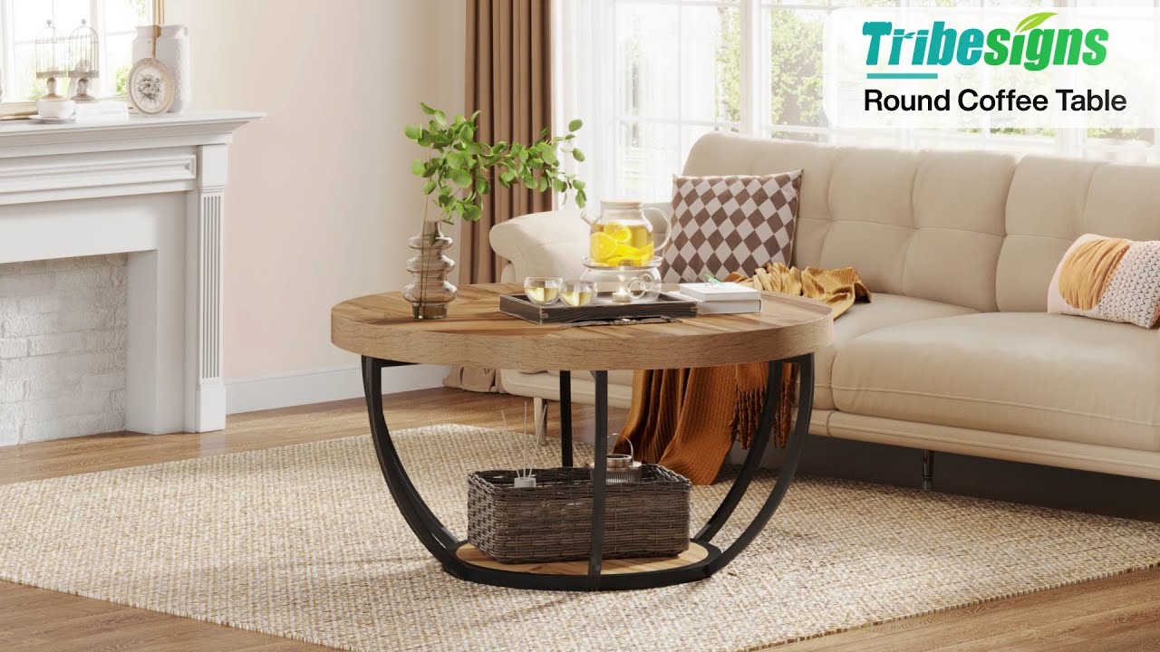 Tribesigns 2-Tier Round Coffee Table with Shelves - NY036 #sofa #livingroom