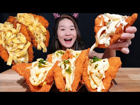 FRIED CHICKEN ALFREDO TACOS MUKBANG! How To Make Chicken Tacos w/ Fettuccine Alfredo Recipe & ASMR