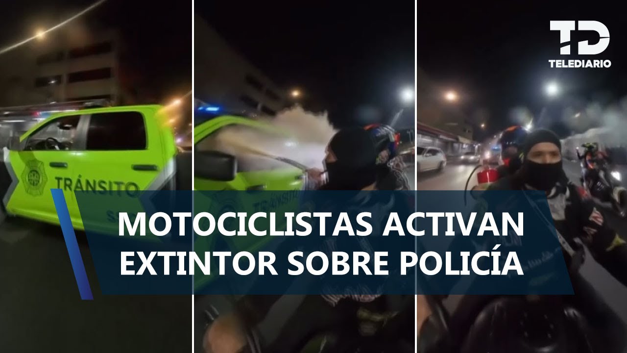 Motociclistas activan extintor contra policía; resulta con quemaduras en los ojos
