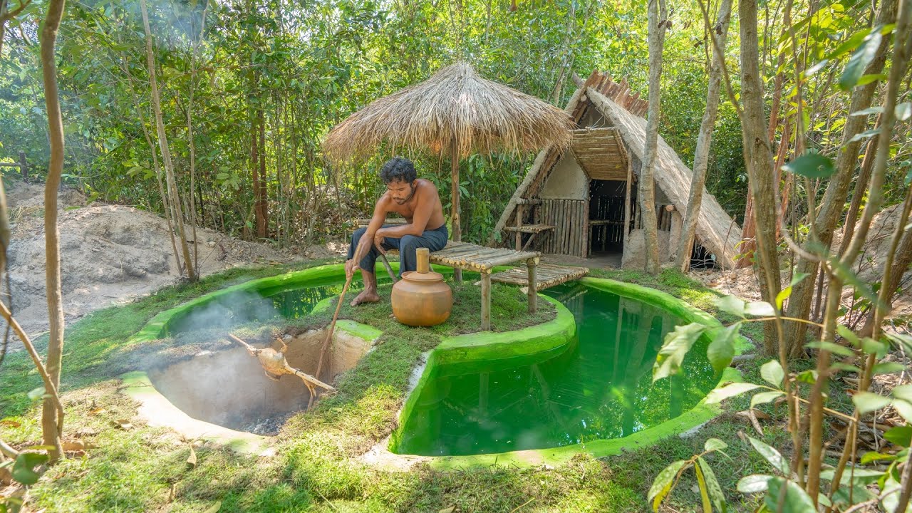 Amazing! Build Swimming Pool Around The Most Secret Earth Home in The Wood by Jungle Survival