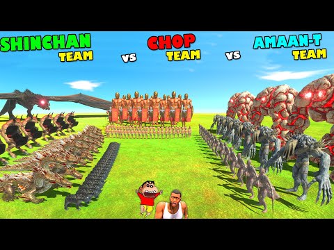 SHINCHAN UPGRADED TEAM vs CHOP TEAM vs AMAAN TEAM in Animal Revolt Battle Simulator | Dinosaur Game