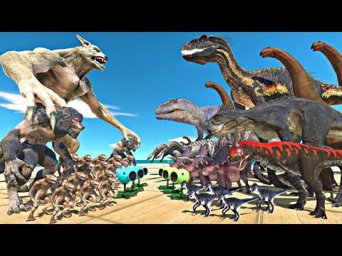Dinosaurs Fights in Plants Arena | Werewolf Team vs Indoraptor - Animal Revolt Battle Simulator