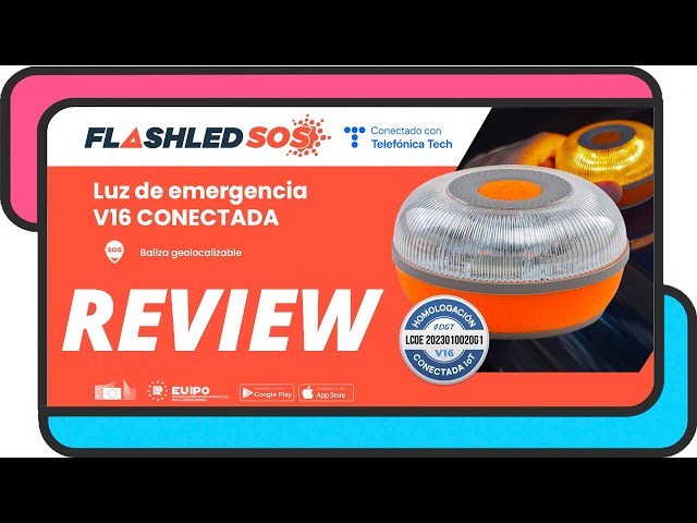 Vídeo relacionado con FlashLED SOS Luz de Emergencia V16 Conectada Obligatoria 2026 Homologada, Autorizada DGT, Tarjeta SIM y servicio hasta 2038, Base Imantada, Resistente Agua y Polvo IP54, Cobertura y Geolocalización x6