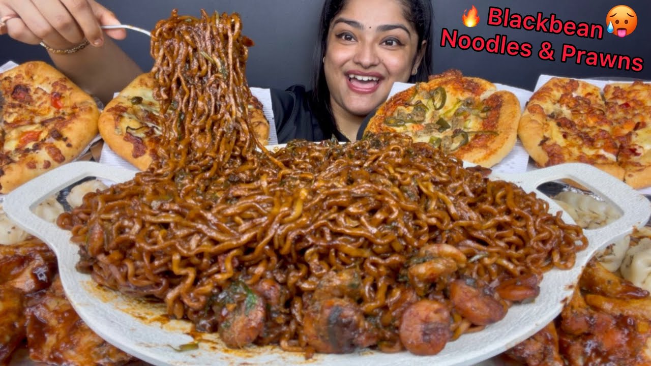 SPICY BLACKBEAN NOODLES WITH PRAWNS, CHICKEN CHEESE BURST PIZZA, CHICKEN STEAM MOMOS & CHICKEN WINGS