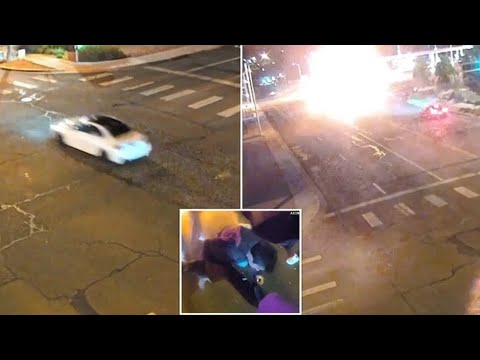 Drammatico salvataggio della polizia: uomo estratto da un'auto in fiamme dopo una corsa illegale ...