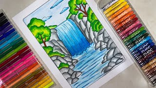 Beautiful Waterfall Coloring Sheet 🏞️✨ | Oil Pastel Nature Landscape Art 🎨🌈