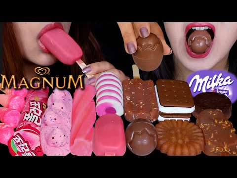ASMR PINK VS CHOCOLATE DESSERTS (MAGNUM ICE CREAM BARS, MILKA CREAM EGG, COTTON CANDY MARSHMALLOW 먹방