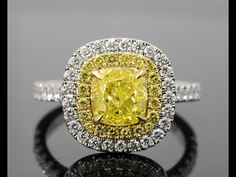 Natural Cushion Cut Canary Fancy Yellow with Double Halo Diamond Engagement Ring