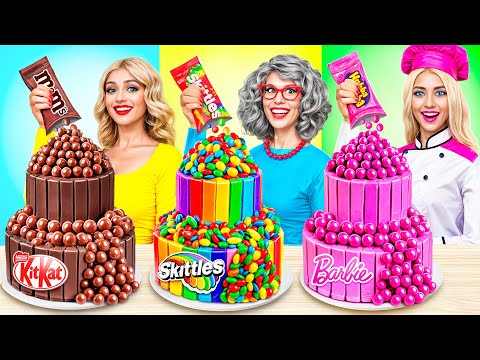 Me Vs Grandma Vs Barbie Cooking Challenge! Cake Decorating in Pink Color by YUMMY JELLY
