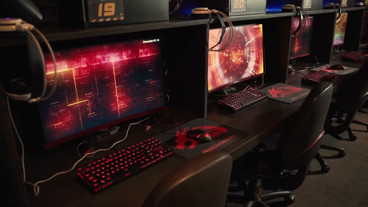 Free stock footage download HD, no copyright | row of black gaming computers with red graphics