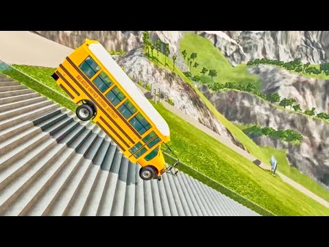 BeamNG Drive Stairs Jumps – School Bus Down Insane Crash Test With Realistic Damage