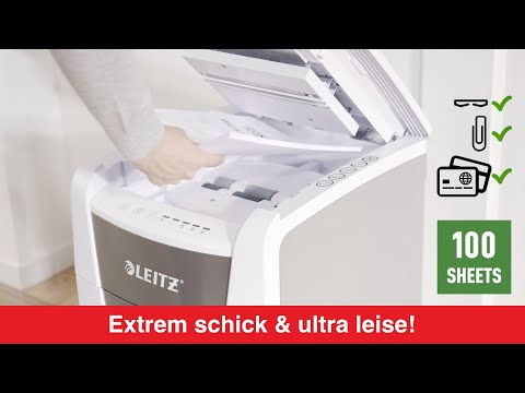 Artikelvideo 1 für AKTION: LEITZ IQ Autofeed Small Office 100 Aktenvernichter mit Partikelschnitt P-4, 4 x 28 mm, bis 100 Blatt, grau, Artikelnummer 420483