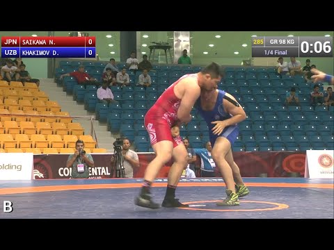 1/4 GR - 98 kg: N. SAIKAWA (JPN) df. D. KHAKIMOV (UZB) by TF, 8-0