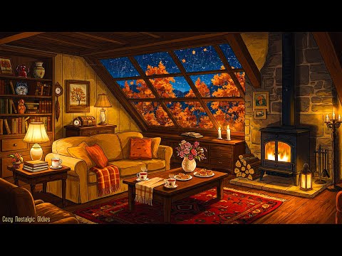cozy 1950s cottage autumn ambience🌧️stormy night with vintage oldies playing in another room