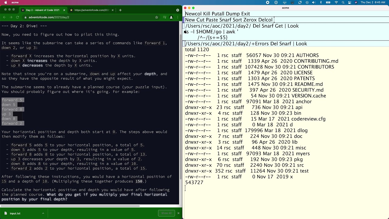 AoC 2021 Day 2 using awk [Command language]