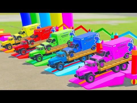 TRANSPORTING COLOR AMBULANCES WITH TRUCKS, CHEVROLET, DACIA, AUDI, DODGE, POLICE CARS, FIRE ENGINE