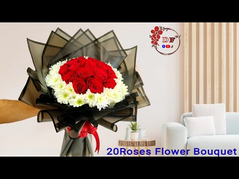 Flower Bouquet | 20 Roses & white Chrysanthemum Flower Arrangement | Flower Wrapping Technique