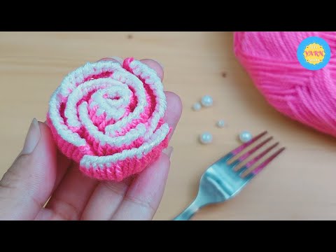 Amazing Rose Making Idea with Fork - Hand Embroidery - Woolen Rose No Crochet - DIY Yarn Studio