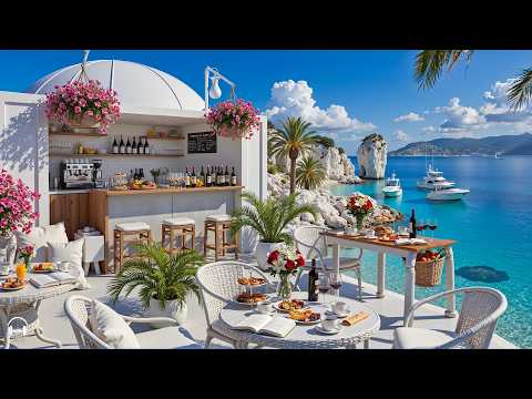 Cheerful Morning Jazz at Beach Cafe Ambience 🌊 Positive Bossa Nova Music & Ocean Waves for Uplifting