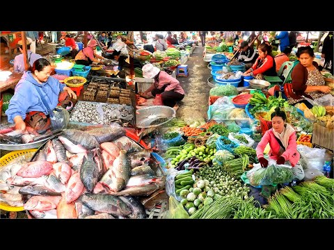 Cambodian Fresh Market Food in Daily Life, Sugar, Apple, Fish, Vegetables, Pork and More.
