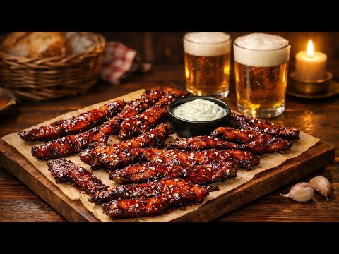 Biersnack: Hähnchenfilet in Barbecue-Soße, im Ofen in nur 30 Minuten gebacken. Schnell und lecker.