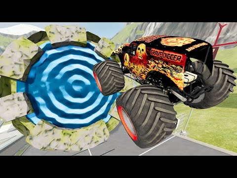 Monster Trucks and Cars Jumping Through Giant Portal LIVE - BeamNG Drive
