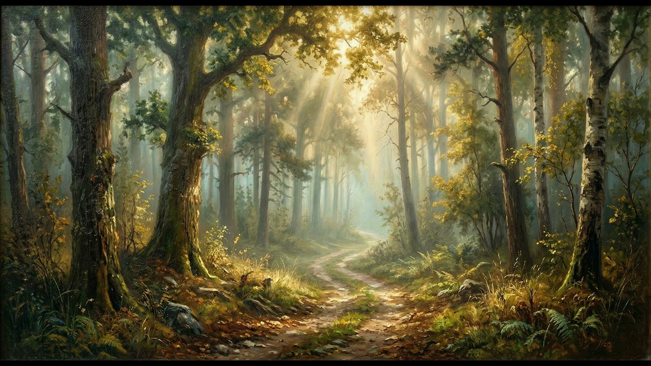 The Forest Path at Golden Hour | Sunbeams Through Ancient Trees | Impressionist Oil Painting Art 🌿☀️