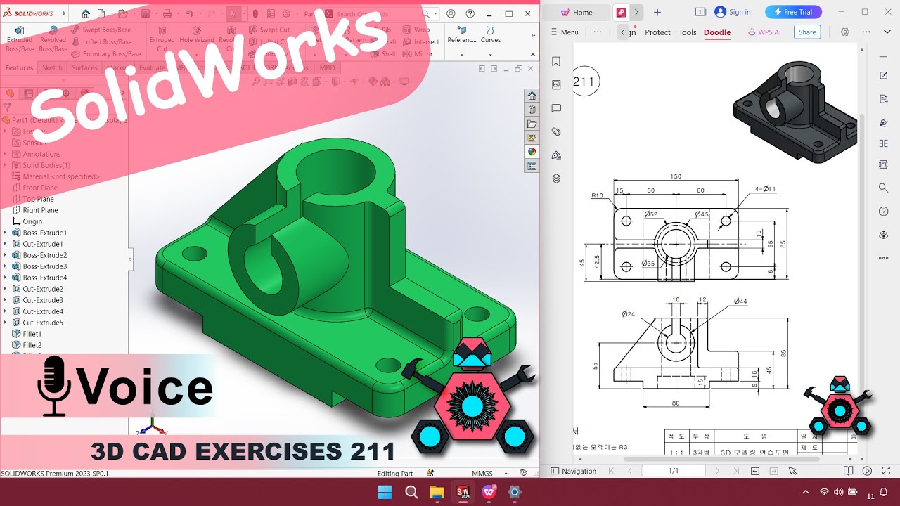 SolidWorks | 3D CAD EXERCISES 211 | StudyCadCam | Solution Tutorial |