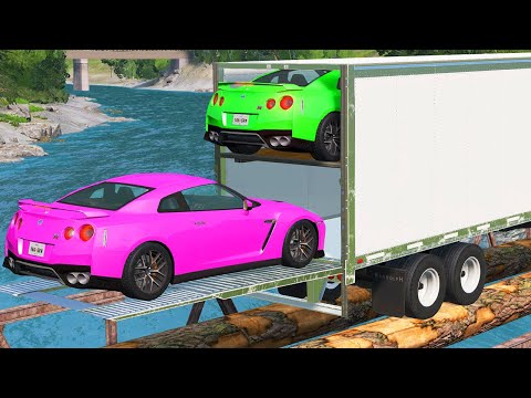 Box Trailer Truck Transportation Log Bridge Car Rescue - Cars vs Deep Water - BeamNG