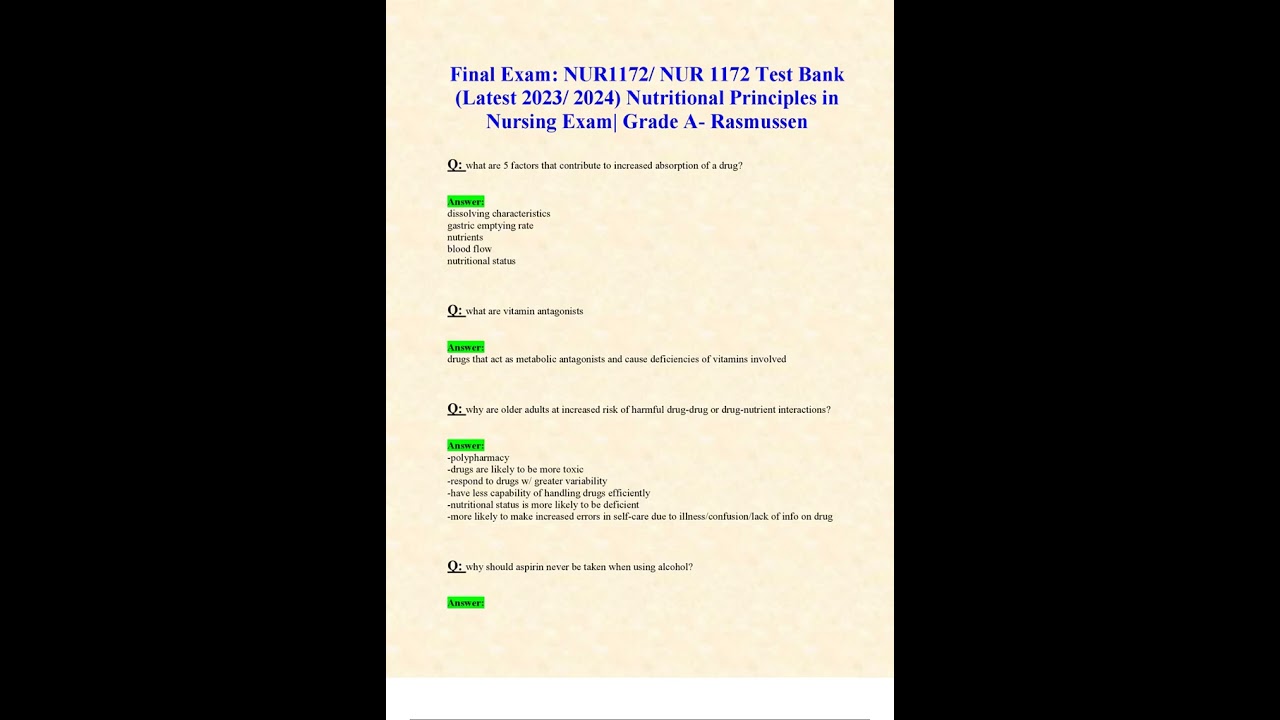 FINAL EXAM NUR1172 NUR 1172 TEST BANK LATEST 2023 2024 NUTRITIONAL PRINCIPLES IN NURSING EXAM GRADE