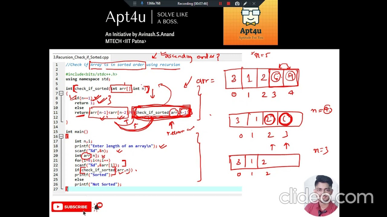 Check if Array is sorted or not using Recursion