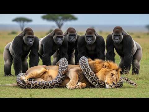 Giant Python Crushed a Dying Lion, What the Gorilla Troop Did Next Left All Speechless!