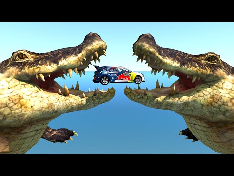 Jump Cars through Giant Alligator Mouths - BeamNG.Drive