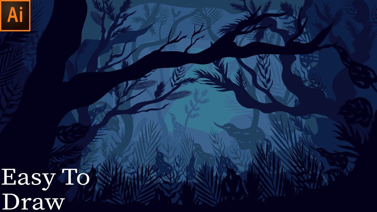 How To Draw A Beautiful Night View Vector landscape Of A Tropical Rainforest Jungle On Illustrator