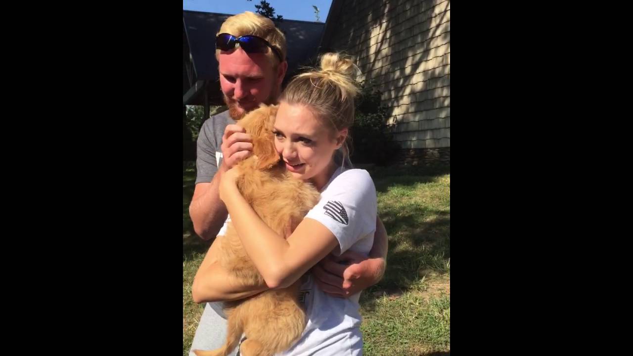 surprise daughter with puppy (goldendoodle)