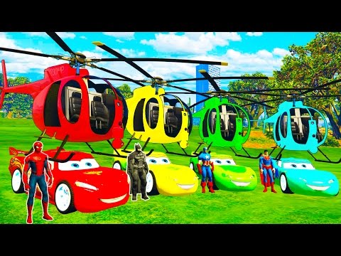 COLOR MCQUEEN Helicopter on BUS and Spiderman Cars Cartoon for babies with Superheroes for kids!